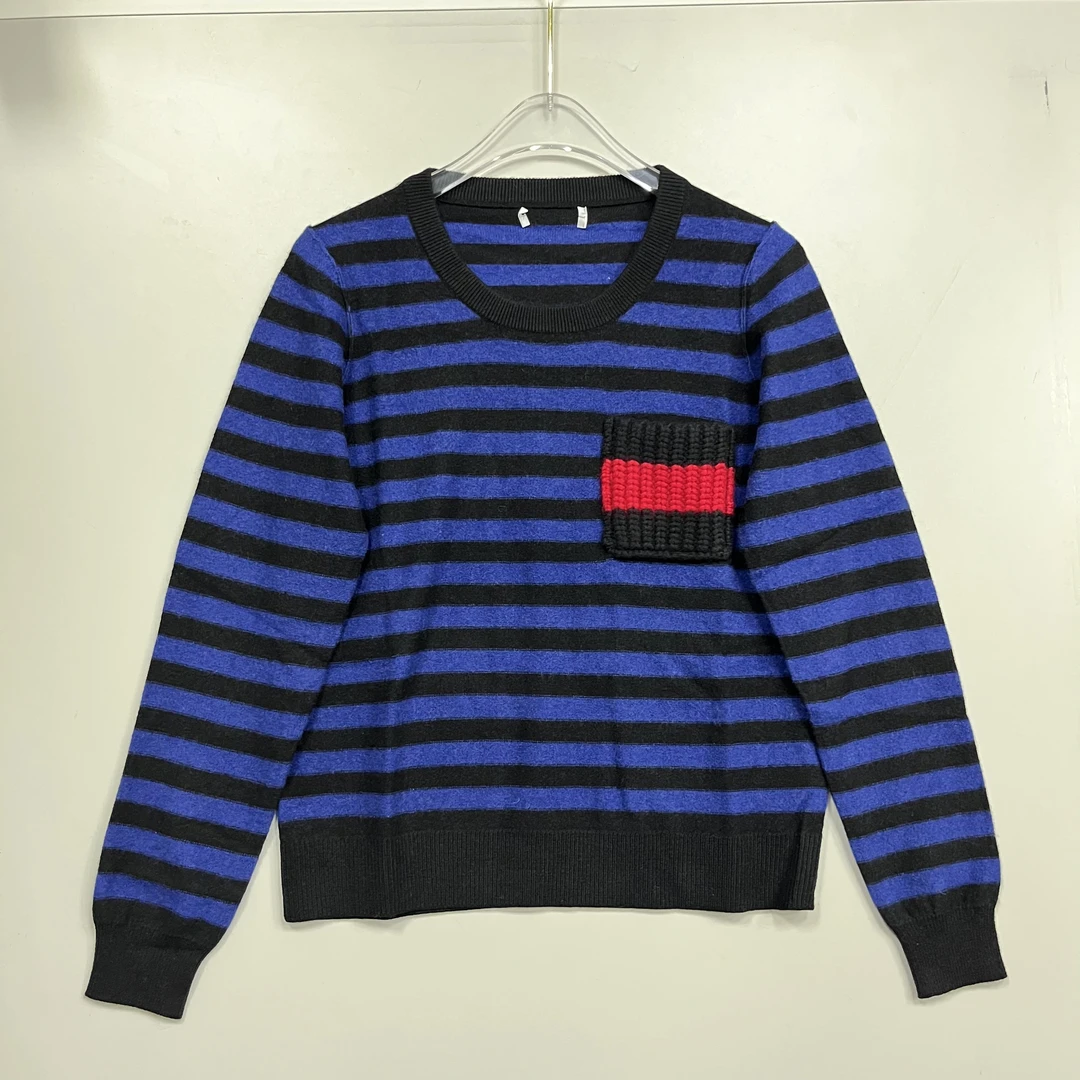 2511145 马车系圆领山羊绒蓝黑条纹针织衫女长袖百搭25秋冬新款