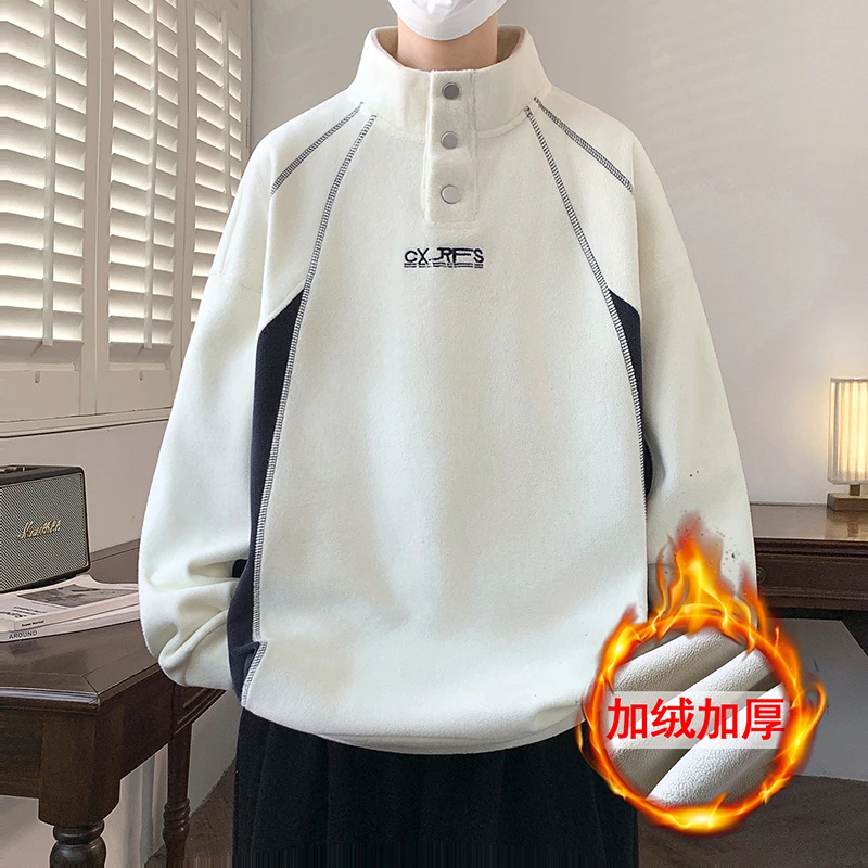 秋冬新款加绒加厚半高领卫衣男青少年潮牌拼接加厚保暖宽松打底衫