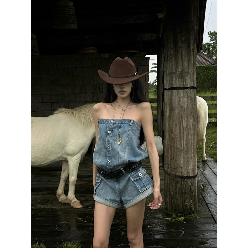 美式辣妹穿搭女2025夏季新款设计感蓝色牛仔连体裤时尚复古短裤子