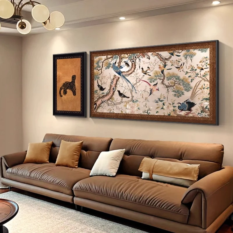 金钱豹法式中式中古风客厅装饰画大气沙发背景墙壁挂画两联画壁画