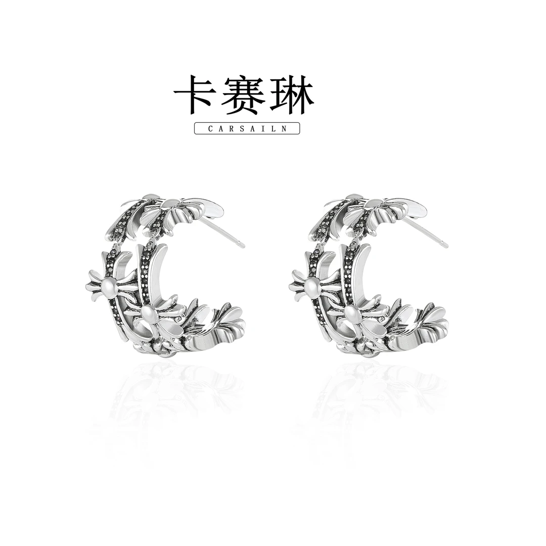 卡赛琳carsailn/ 镀K金 925银针 时尚简约酷黑十字架耳钉 1485