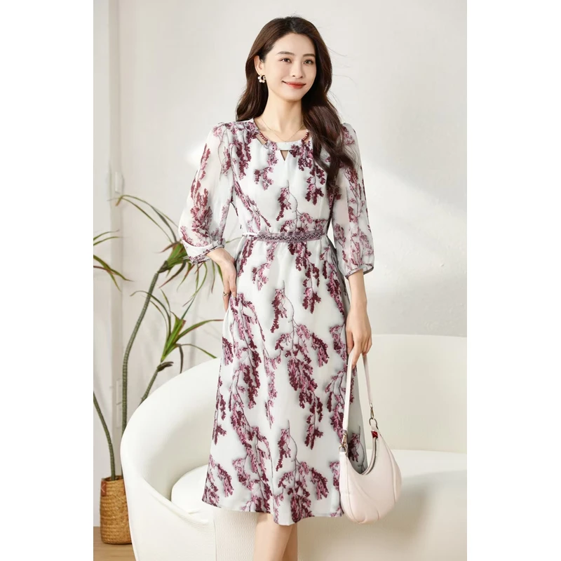 【小麦】紫藤夏季时尚轻奢亲肤透气中长款连衣裙