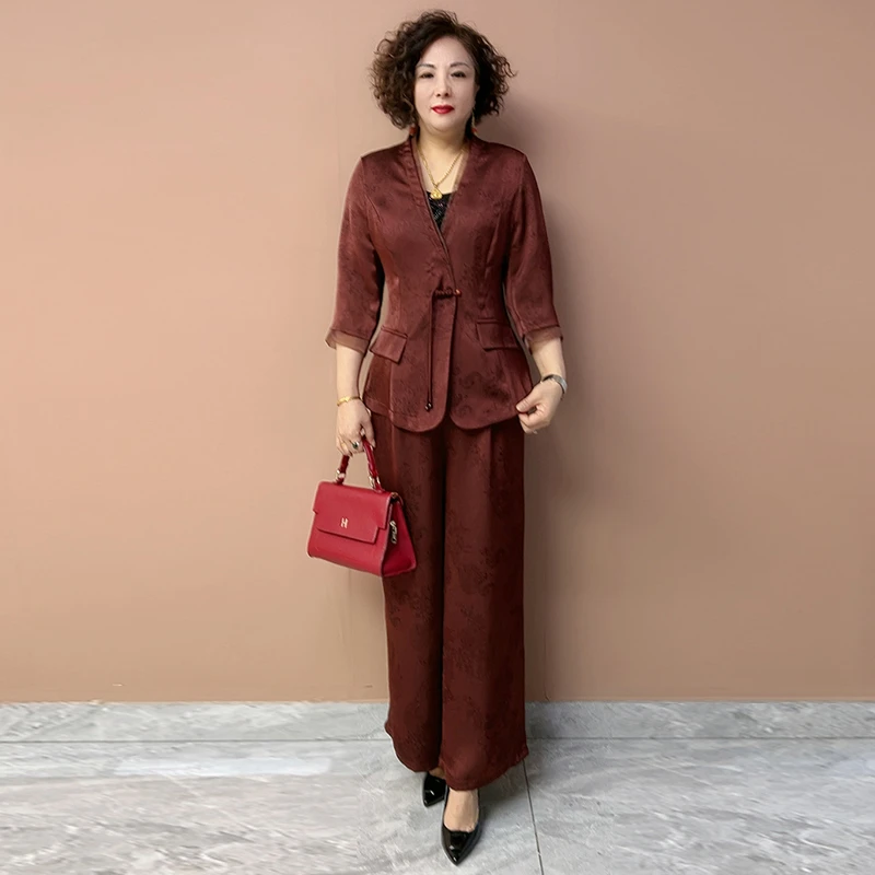 H夏季经典桑蚕丝贵夫人真丝套装高端西服外套阔腿裤大码两件套