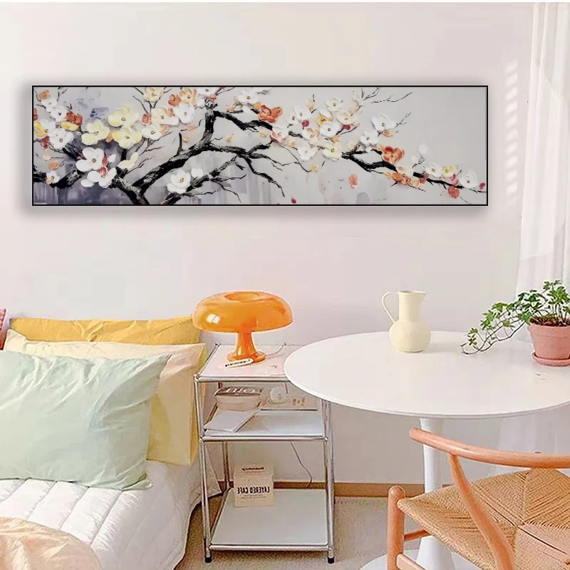 手工砂岩厚油肌理油画立体实物装饰画卧室房床头花开富贵花40150