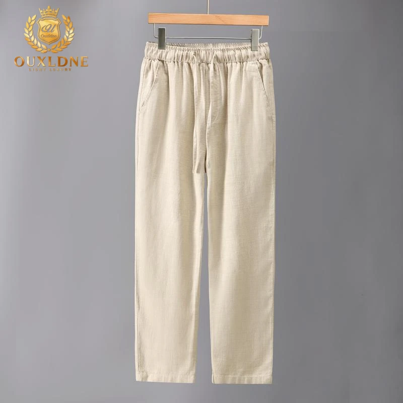 OUXLDNE亚麻直筒休闲裤男松紧腰系带百搭九分裤棉麻夏季复古长裤