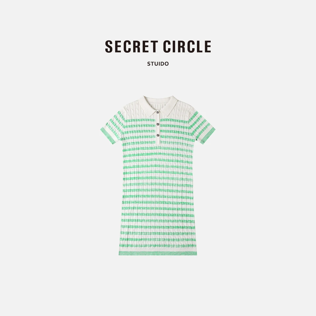 SECRET CIRCLE·秘社 POLO领短袖针织连衣裙修身条纹裙子18436