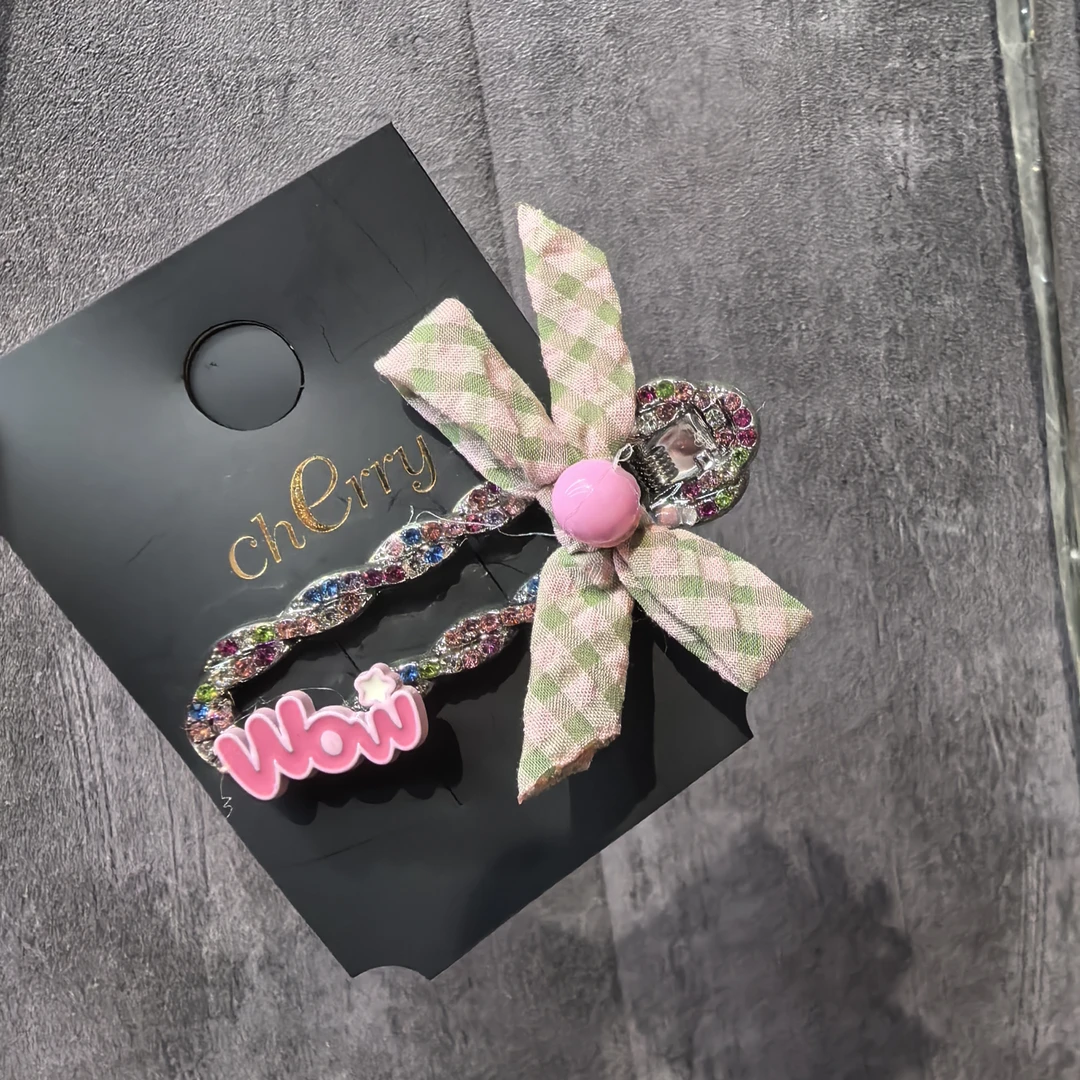 E881粉豆豆格子蝴蝶结闪闪边夹