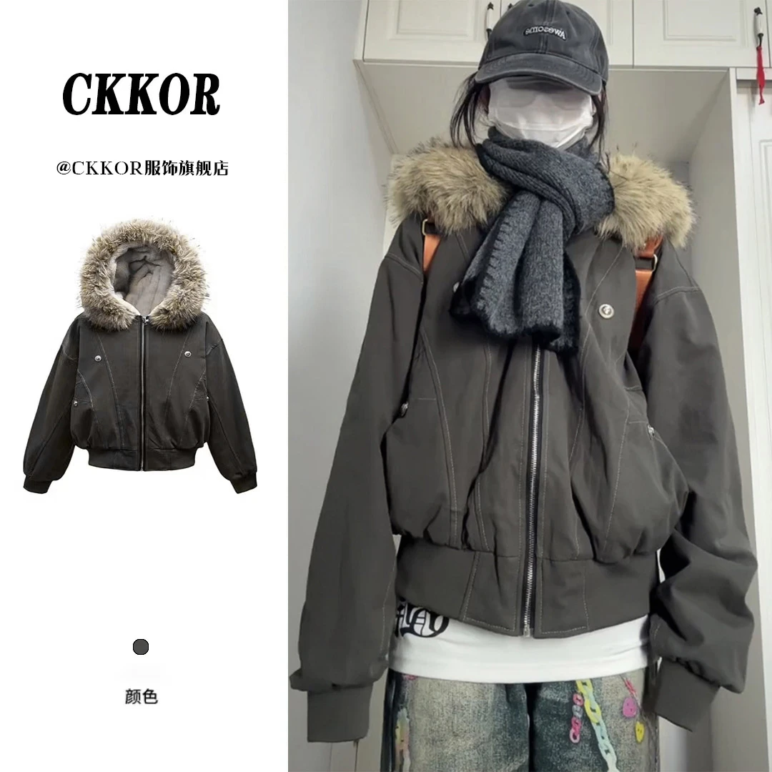 CKKOR冬季棉服外套保暖毛领派克服女加绒加厚小个子短款工装棉袄