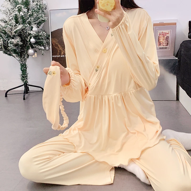 秋季纯棉带胸垫春秋月子服孕妇产后哺乳家居服吸汗透气