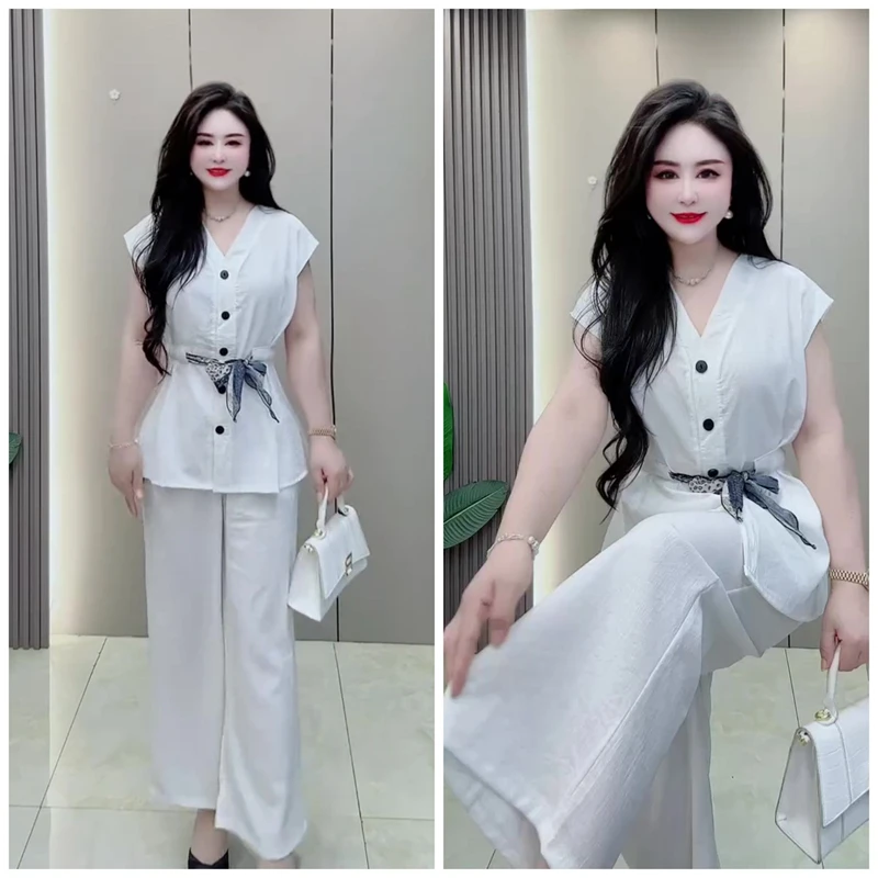 胖mm大码女装夏季新款时尚气质休闲棉麻马甲八分阔腿裤显瘦两件套