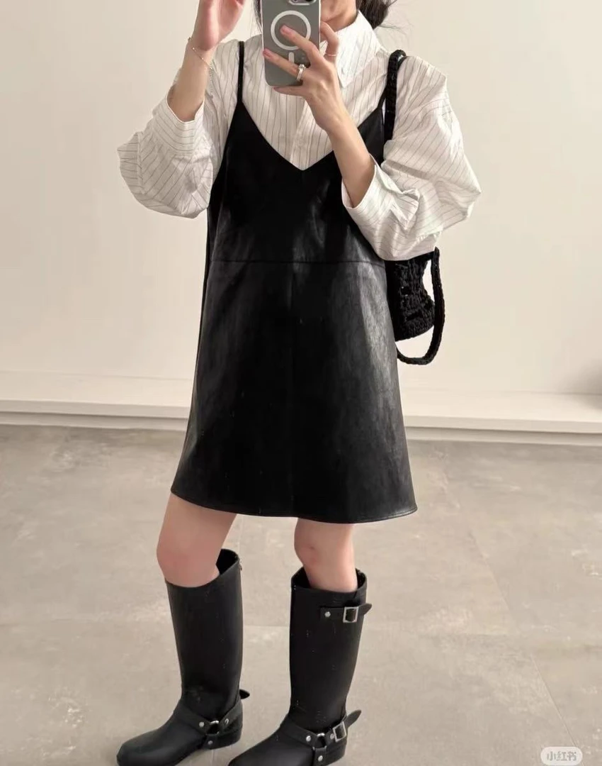 【pu吊带裙】小众设计超好看的一件皮吊带裙