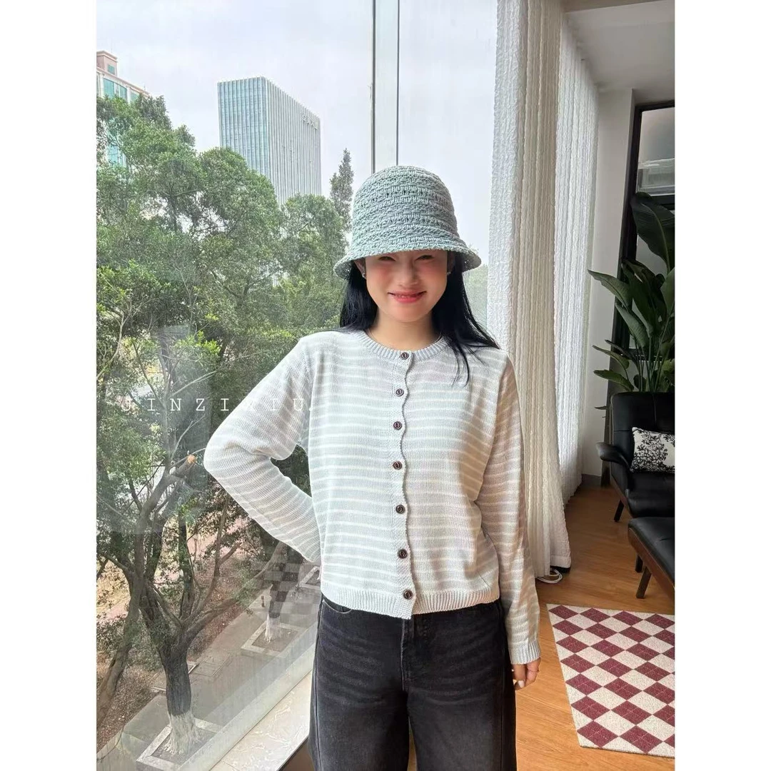 【JINZIXIU】• 奶蓝波波 • ins泡菜春季新款条纹针织长袖圆领开衫