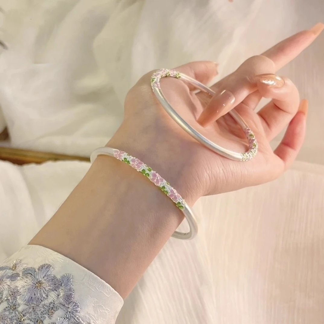 足银手镯 足银9999梅花手镯女珐琅彩卷草纹古法实心新中式送女友