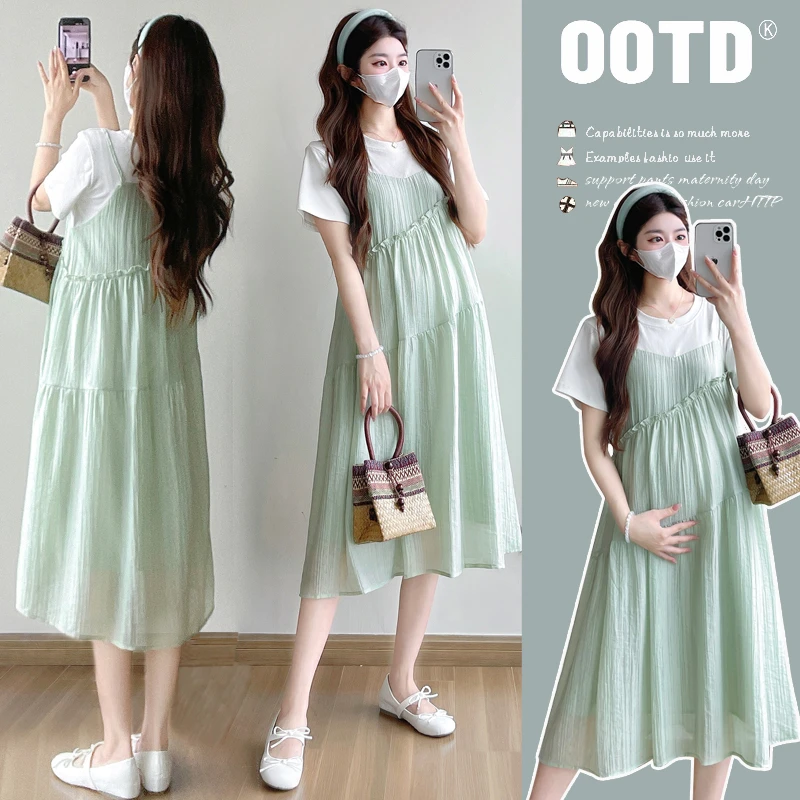 孕妇装2025夏季新款韩版T恤拼接假两件小清新孕妇中长款连衣裙