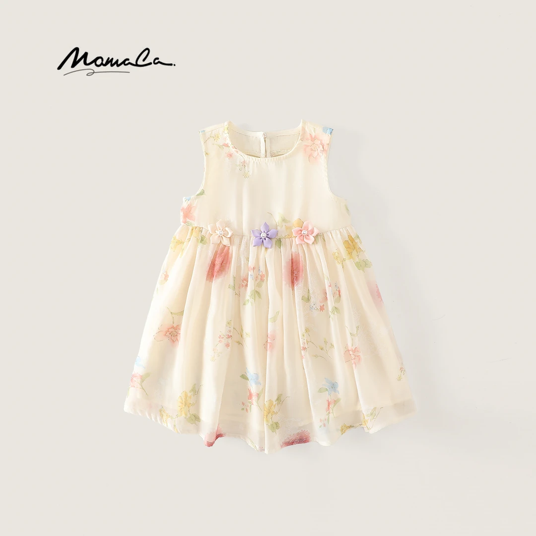 MOMOCO夏季2025款女童立体国风碎花设计感无袖连衣裙77620470023