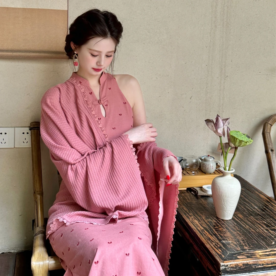 现货【一生罗曼】法式新款女温柔蕾丝拼接休闲外搭连衣裙披肩Y5458