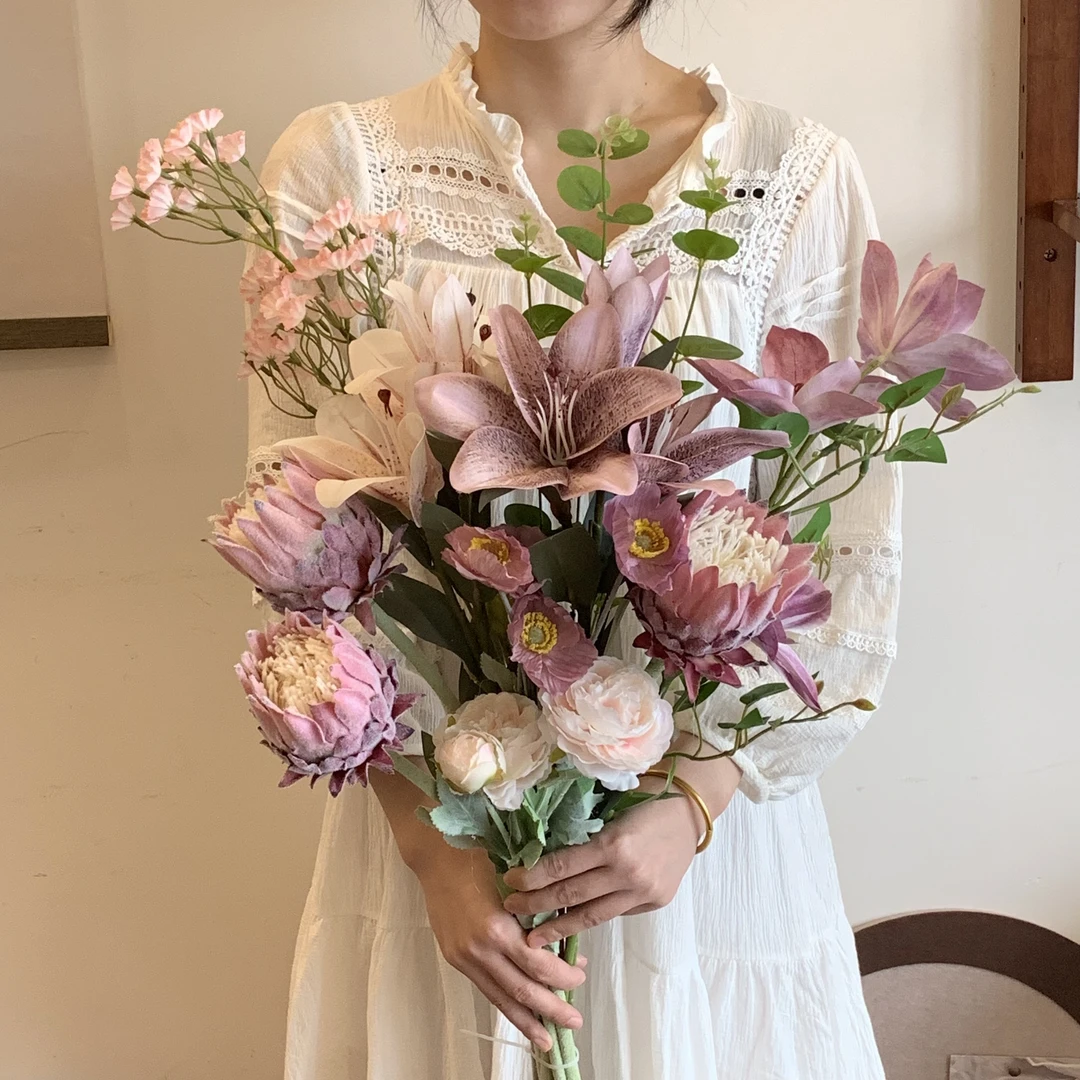 （朦胧）紫色系 帝王花百合花铁线莲仿真花摆件高级感玄关餐桌客厅