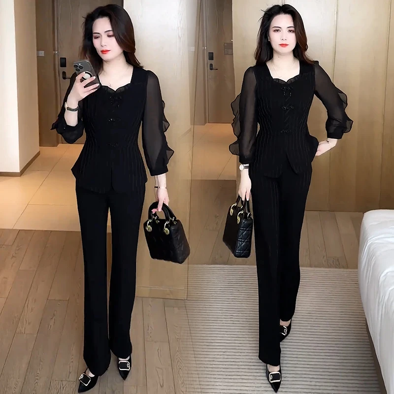 拉夏贝尔时尚套装女秋季新款洋气显瘦上衣直筒阔腿裤减龄两件套