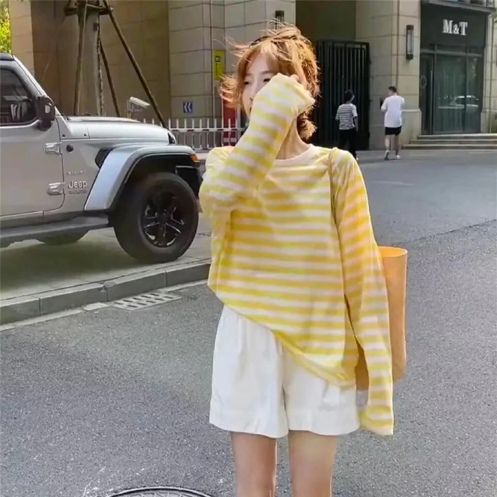 撞色条纹薄纱防晒衣罩衫女夏季2025新款休闲宽松薄款长袖t恤上衣
