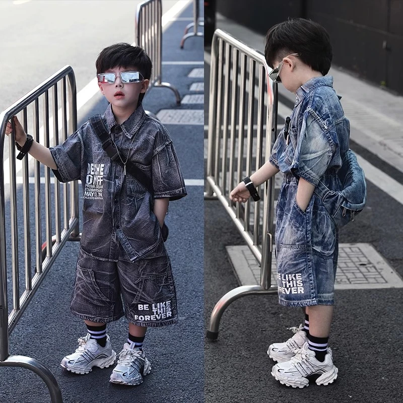 男童炸街休闲套装2025新款中小童夏季短袖衣服男宝宝薄款夏装衬衫