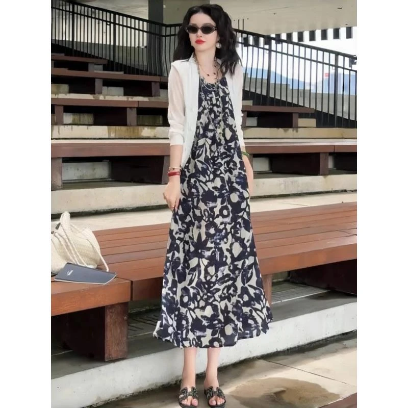 套装女法式时尚漂亮碎花吊带连衣裙防晒外套海边度假风气质长裙