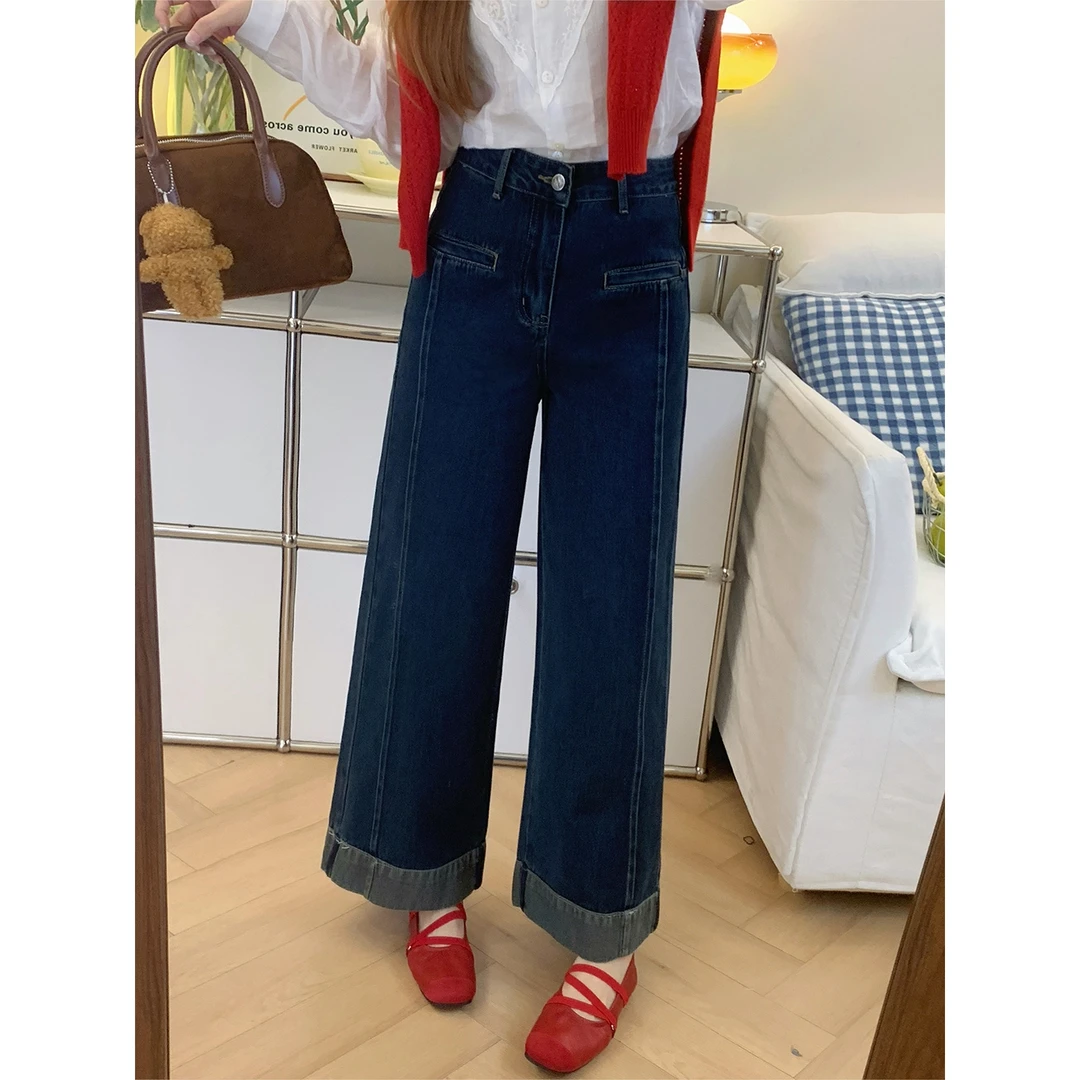 深蓝色直筒牛仔裤女2025早秋新款大码梨形身材高腰显瘦卷边阔腿裤