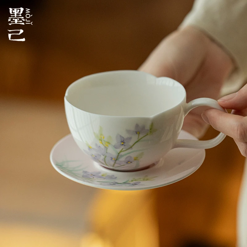 墨己陶瓷花口手绘咖啡杯两件套家用下午花茶杯办公室马克杯迷芳