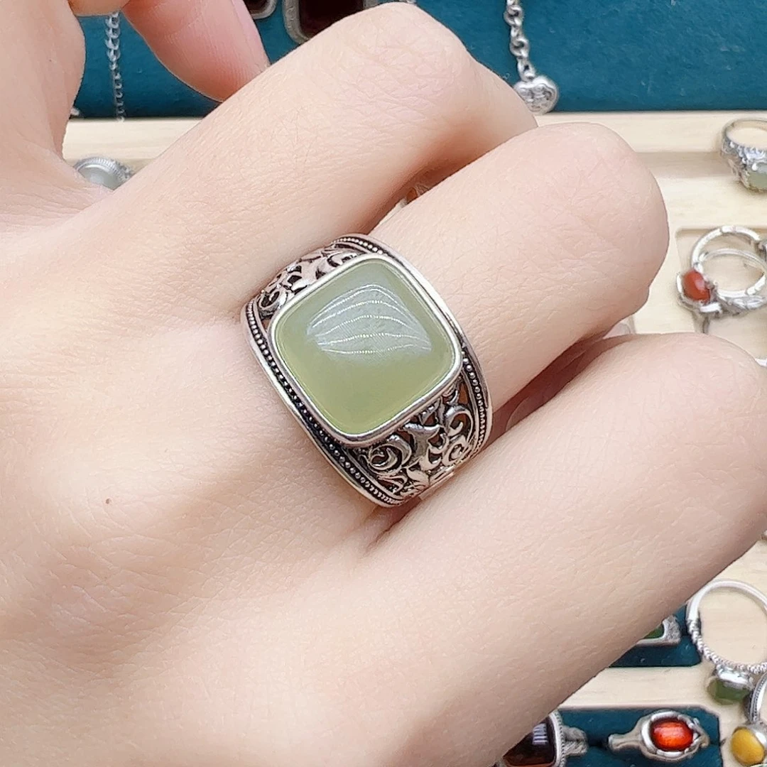 和田玉戒指银S925镶嵌