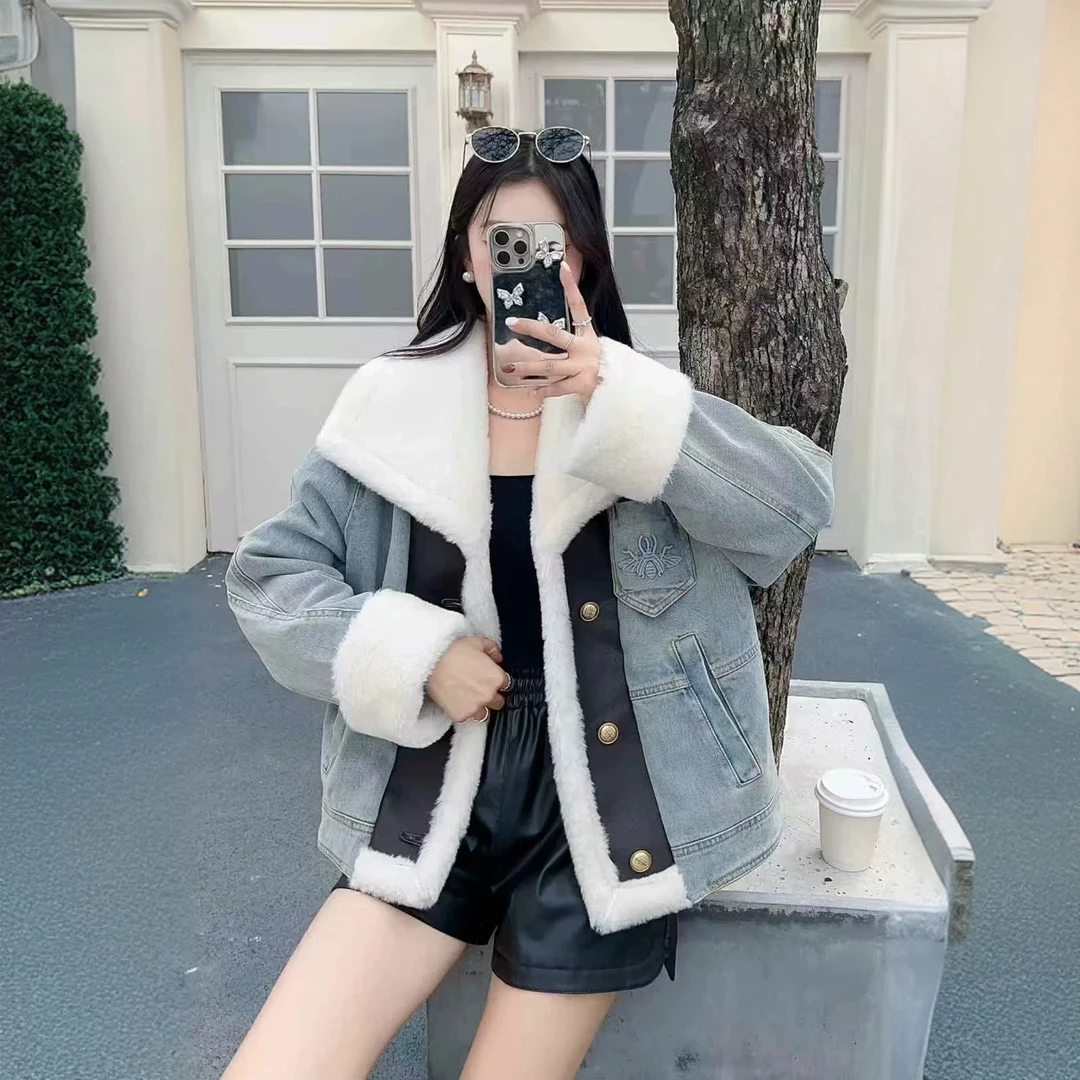 【晨浠定制】新款高级感气质拼皮毛领蜜蜂保暖棉服牛仔外套两色Y36