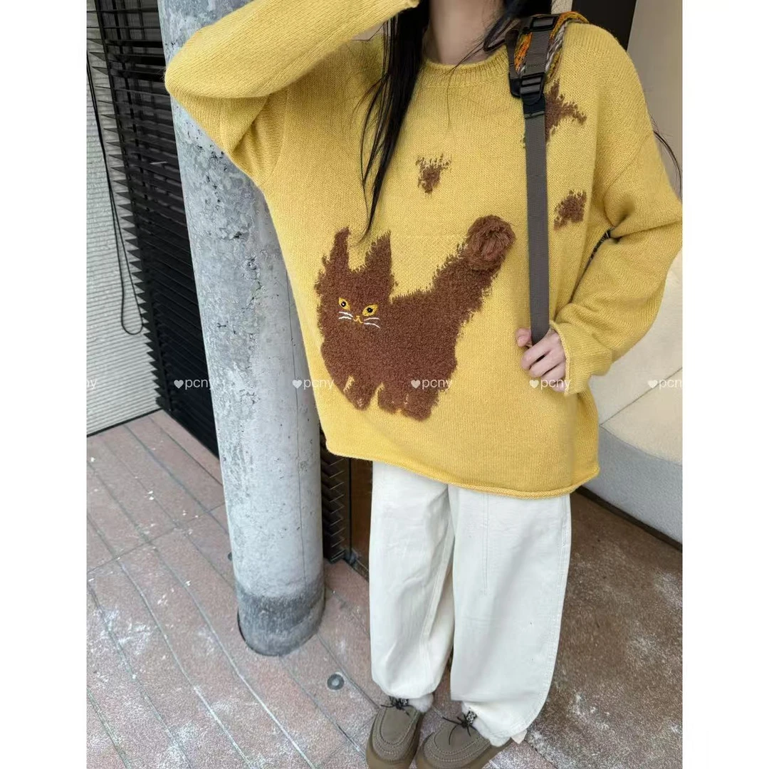 PCNY「竖尾猫咪」不理理冬季新款小众女装慵懒可爱减龄小猫针织衫