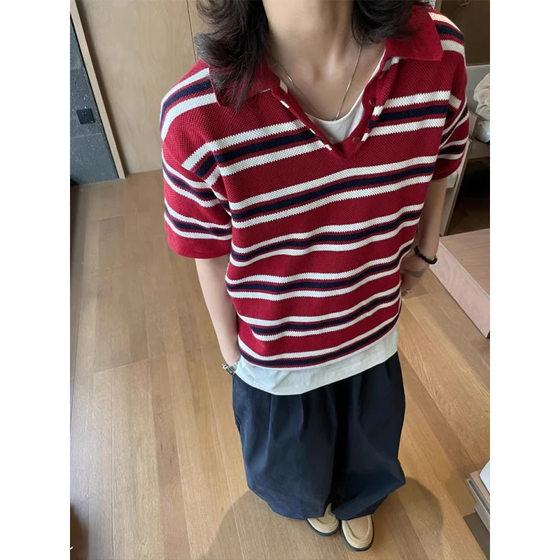 日系复古条纹t恤男夏季新款polo领针织短袖学院风休闲宽松上衣潮