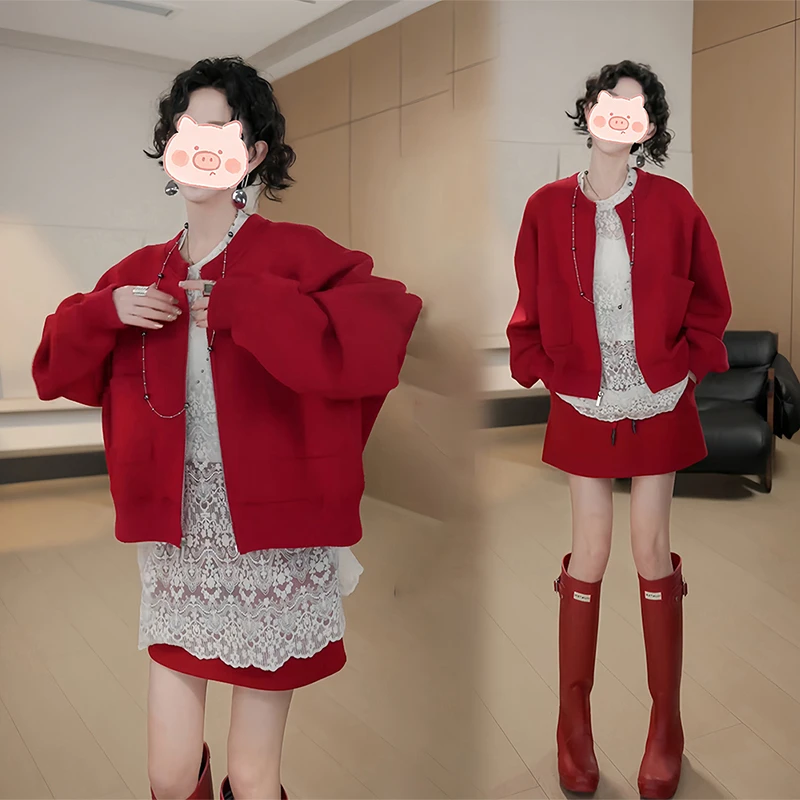 秋季爆款韩版小香风蕾丝上衣外搭短款棒球服外套高腰短裙三件套女