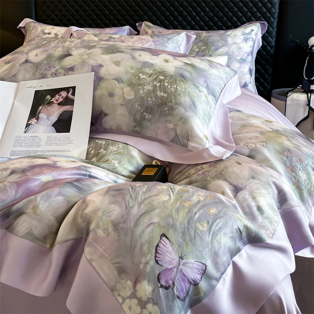 夏季裸睡A类轻奢天丝四件套凉感印花被套丝滑冰丝床单高级感床品4