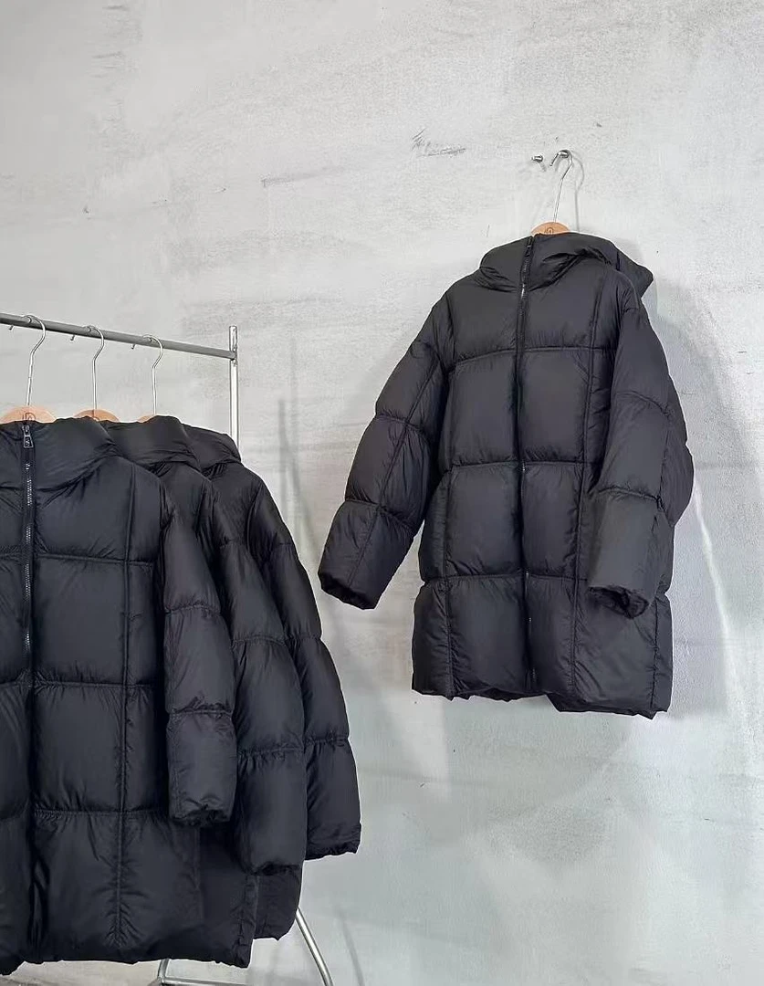 90白鸭绒黑色连帽中长款韩版冬季羽绒服纯色