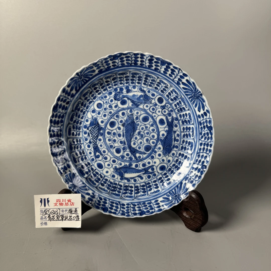 SCS8037晚清青花鱼草纹花口盘/四川省文物总店