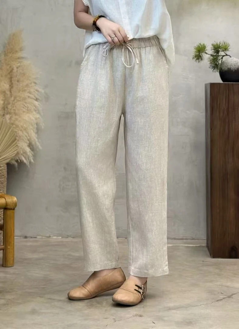 2025夏季新款100%纯亚麻小版型抽绳款经典百搭显瘦精致休闲直筒裤