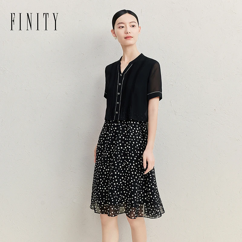 FINITY短袖连衣裙蕾丝显瘦气质时尚夏季黑色拼接波点小香风碎花