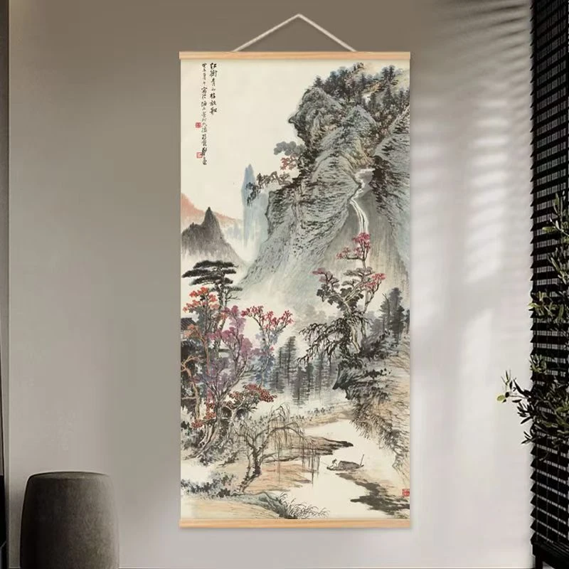 中式竖版山水画适用于客厅书房玄关过道