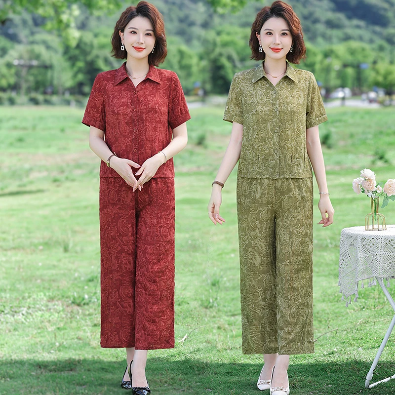 妈妈夏季新款时尚短袖衬衫宽松套装中老年女装高贵洋气上衣两件套