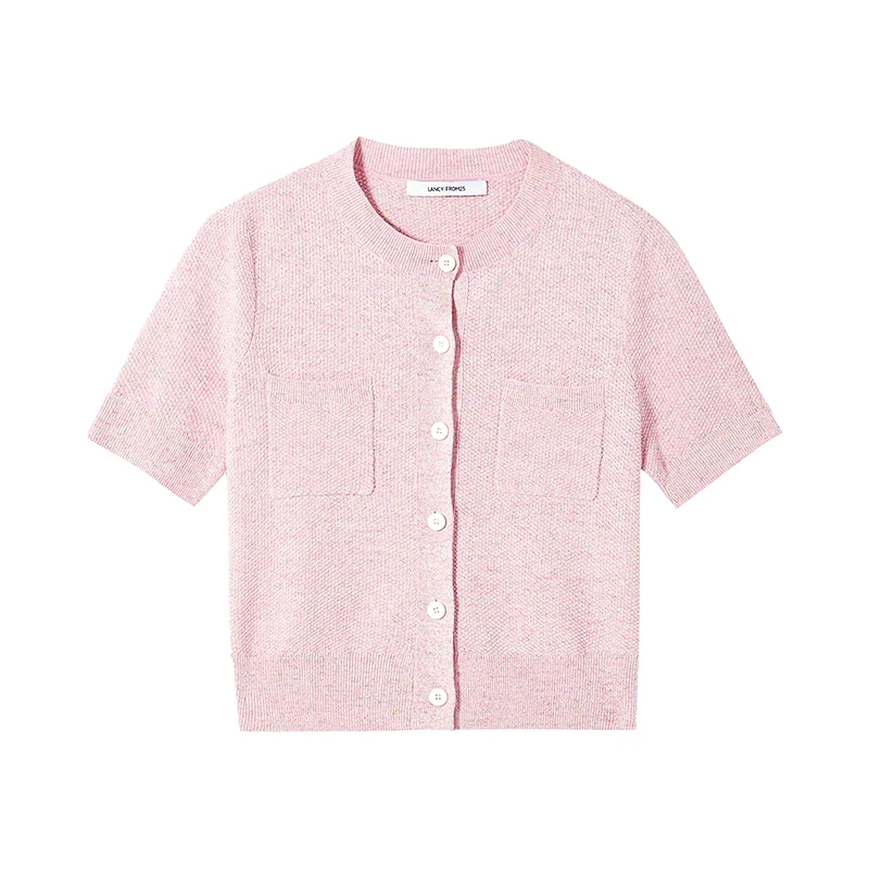 【晨粉专享价】朗姿2025年夏季亚麻开衫粉色女上衣毛针织衫