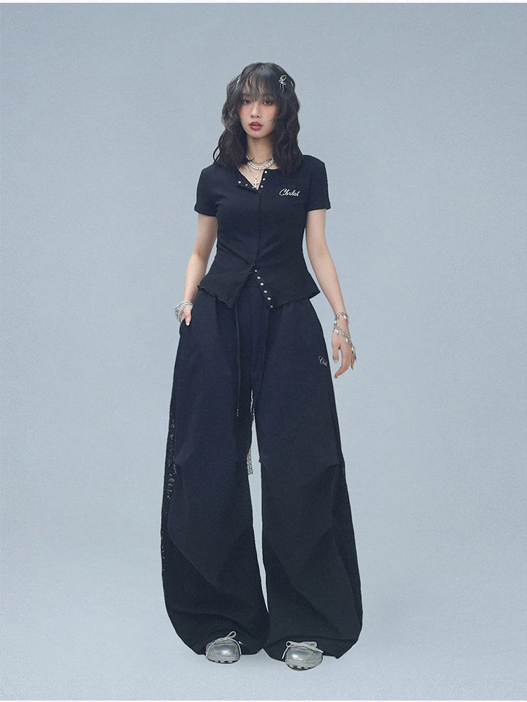 2025街舞潮牌夏季速干蕾丝拼接爵士运动长裤嘻哈甜酷辣妹休闲裤