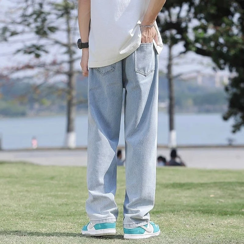 休闲男款长裤牛仔裤浅色阔腿大码学生潮青年春秋潮牌直筒宽松男士