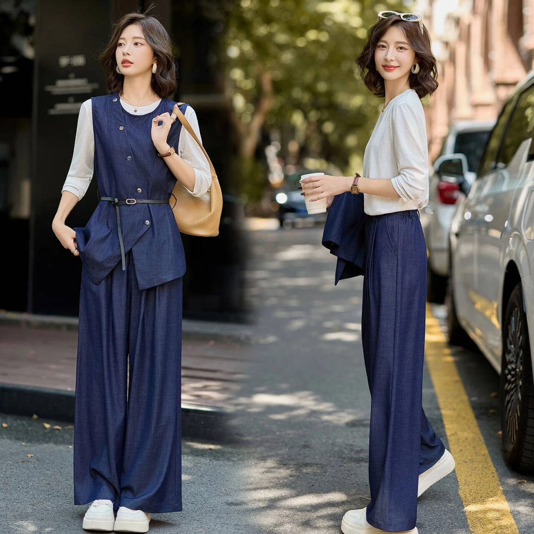 高级感牛仔马甲套装女2025春秋新款气质时髦收腰显瘦阔腿裤三件套