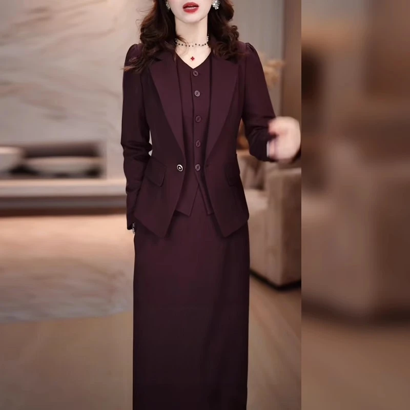 左曼时尚西服套装裙女秋季2025新款修身干练妈妈装连衣裙两件套潮