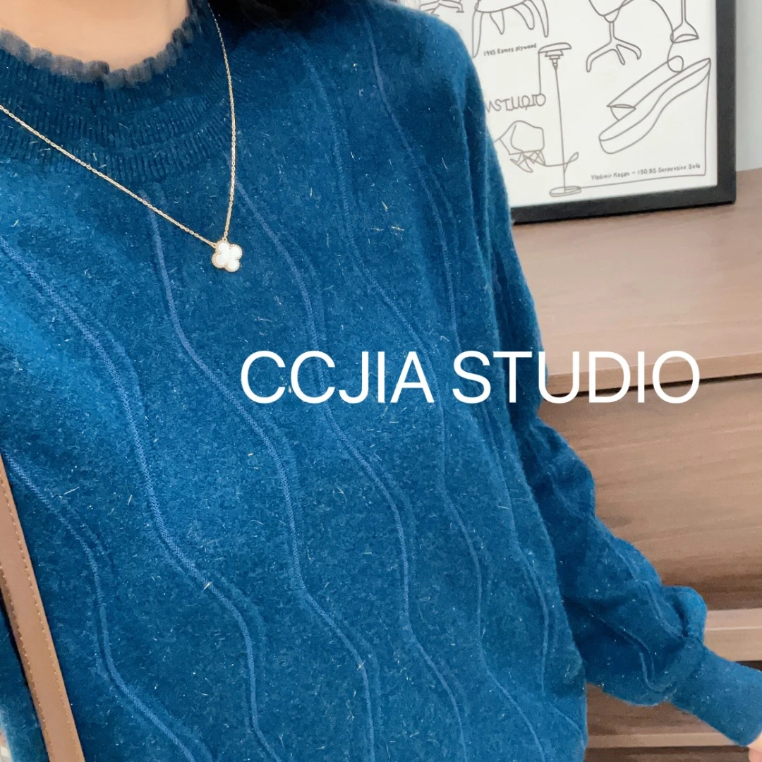 【蓝色欧根纱坑条打底】针织衫宽松显瘦休闲时尚百搭圆领套头秋冬