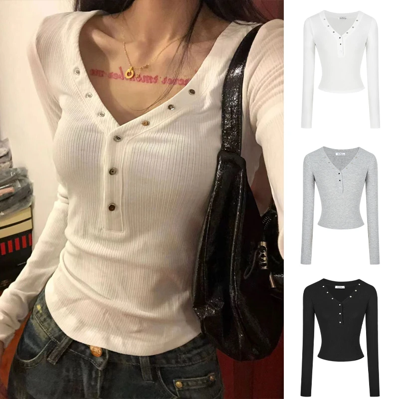 Moses Queen/魔西女王辣妹纯欲半开领长袖上衣女早秋修身收腰罩衫