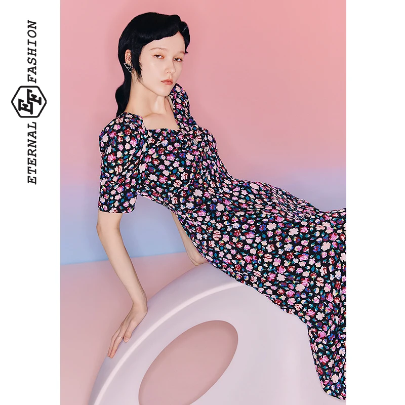 【达人专属】EF法式印花V领碎花裙夏雪纺开叉连衣裙1130321077