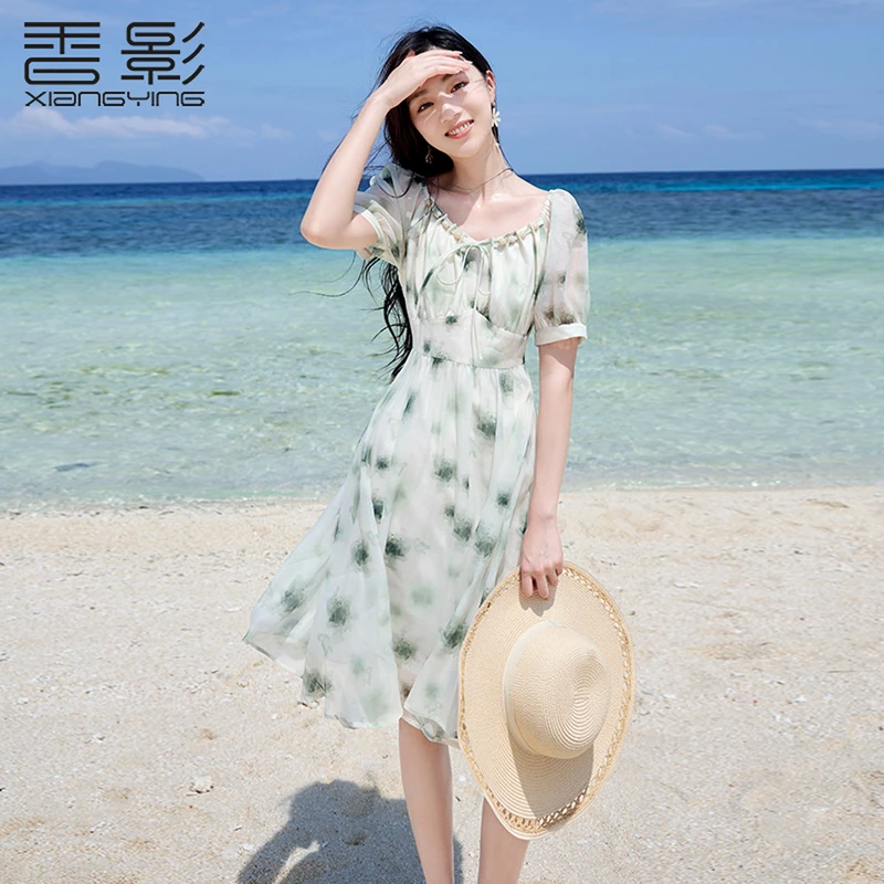 【直播专享】Q842251连衣裙 香影晕染连衣裙女夏季新款印花泡泡袖