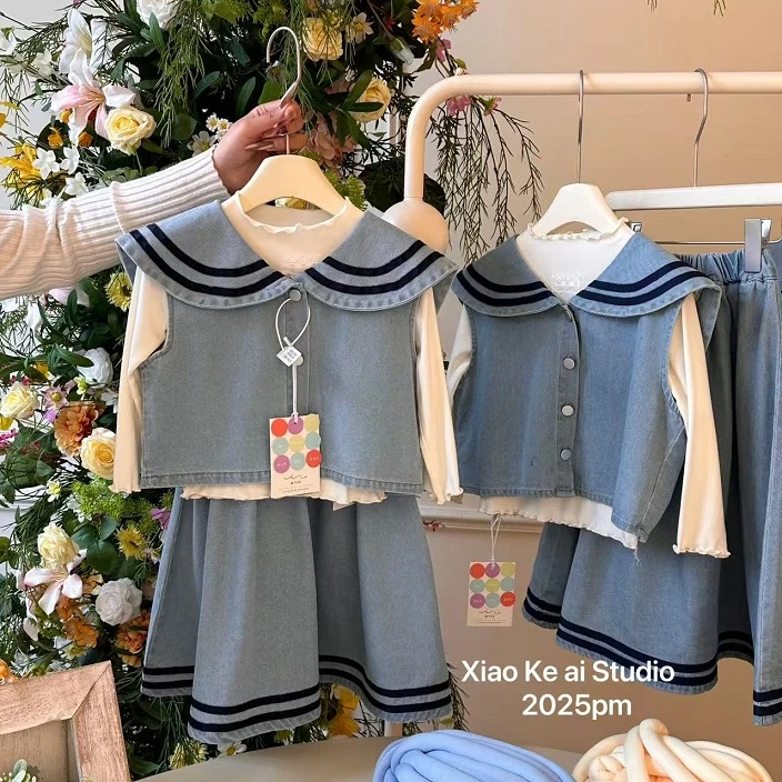 海岛甜妹减龄学院风牛仔洋气裙套装春秋童装儿童25048