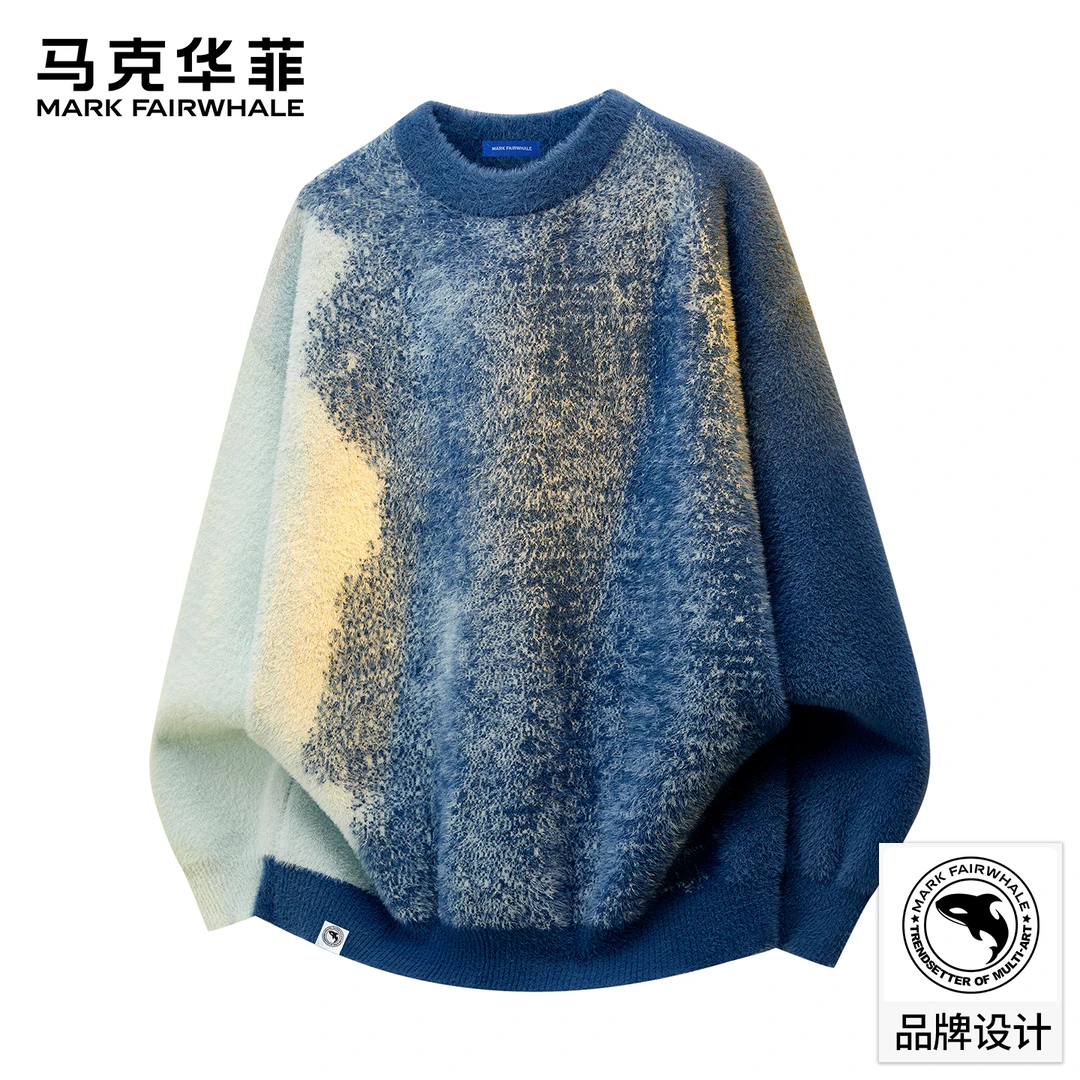 马克华菲渐变撞色港风潮牌美式宽松休闲衣仿貂毛针织衫情侣款毛衣
